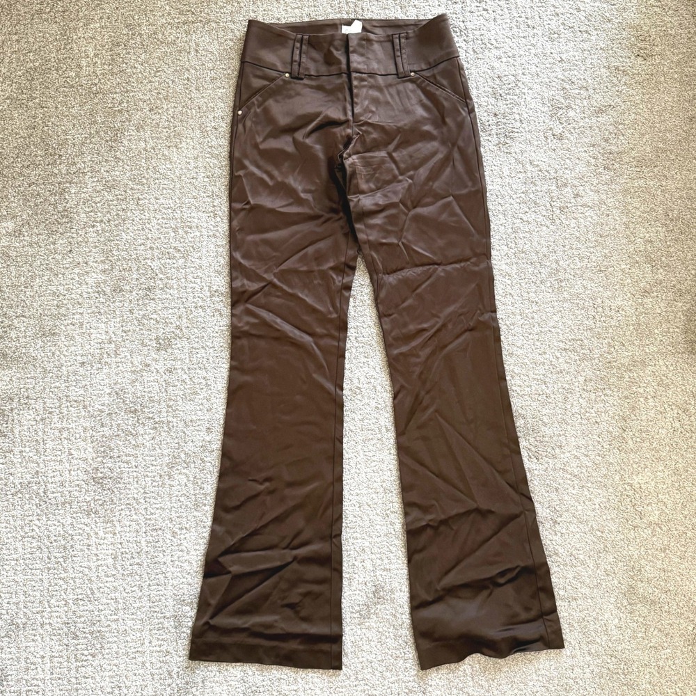 Vintage Y2K Cache Brown Satin Flare Leg Pants Bell Bottoms Sz 2 Tailored Minimal